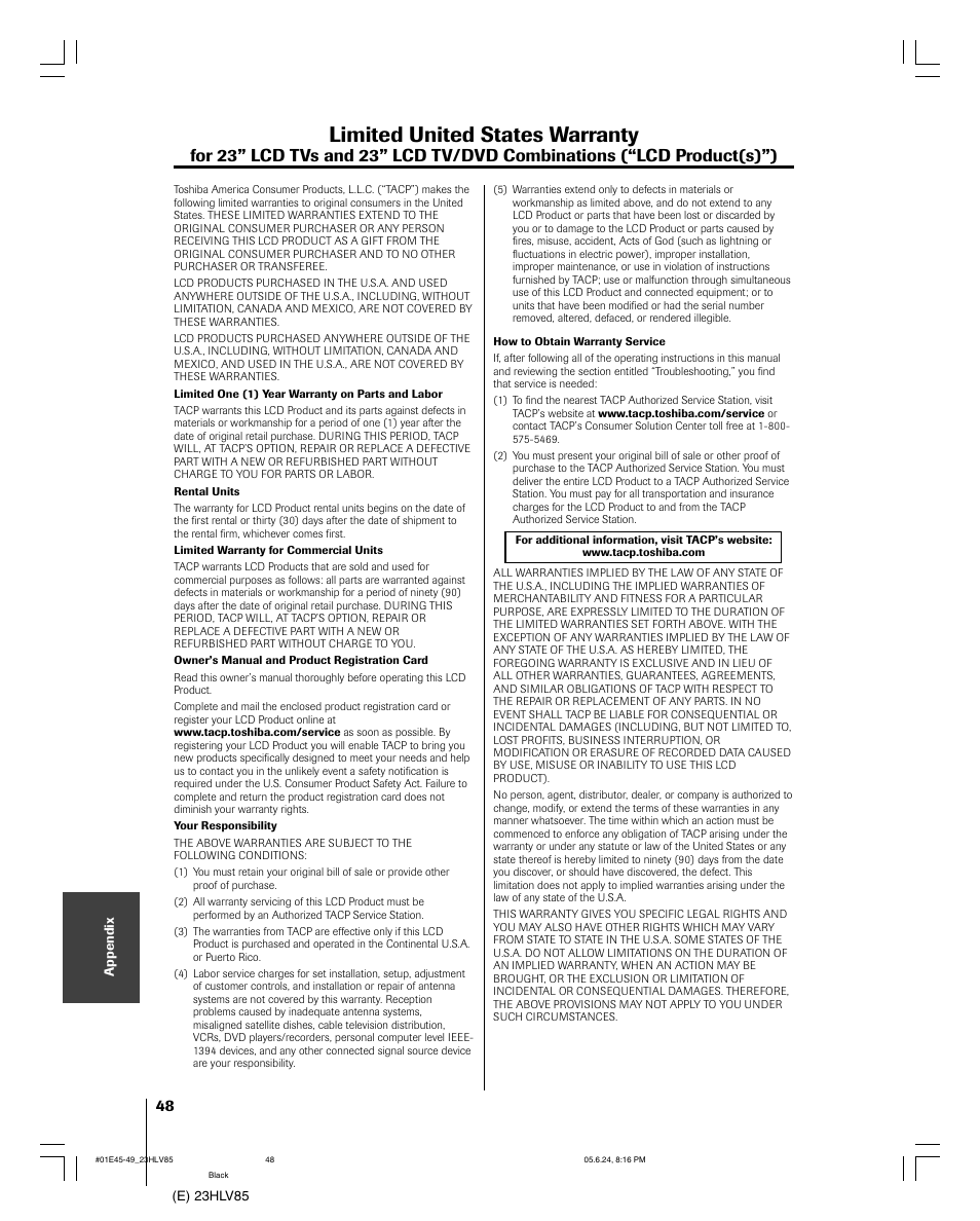 Limited united states warranty | Toshiba 23HLV85 User Manual | Page 48 / 52