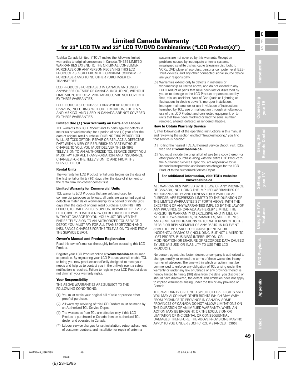 Limited canada warranty | Toshiba 23HLV85 User Manual | Page 49 / 52