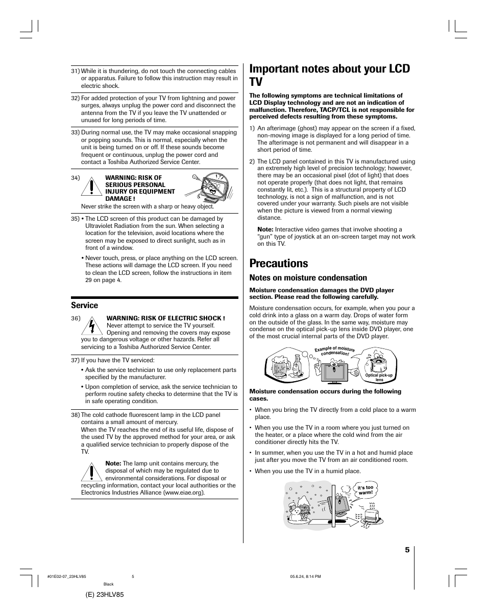 Precautions, Service | Toshiba 23HLV85 User Manual | Page 5 / 52