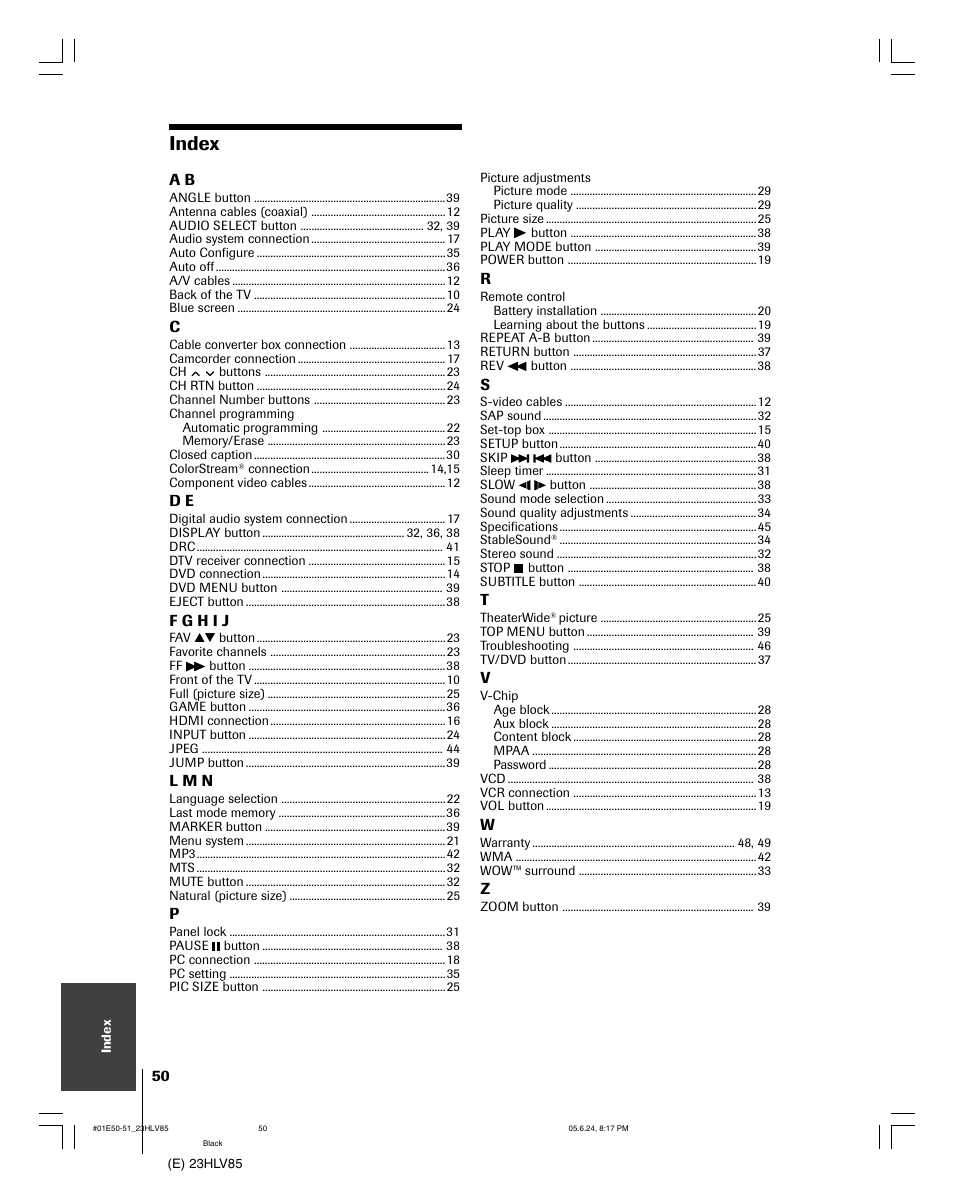 Index | Toshiba 23HLV85 User Manual | Page 50 / 52