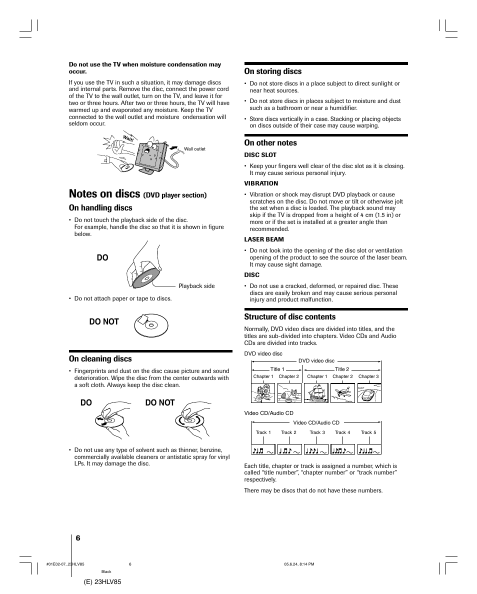 On handling discs, On cleaning discs, On storing discs | Structure of disc contents, Do do not do do not | Toshiba 23HLV85 User Manual | Page 6 / 52