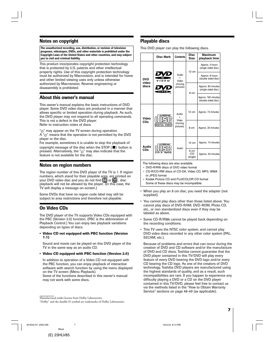 About this owner’s manual, On video cds, Playable discs | Toshiba 23HLV85 User Manual | Page 7 / 52