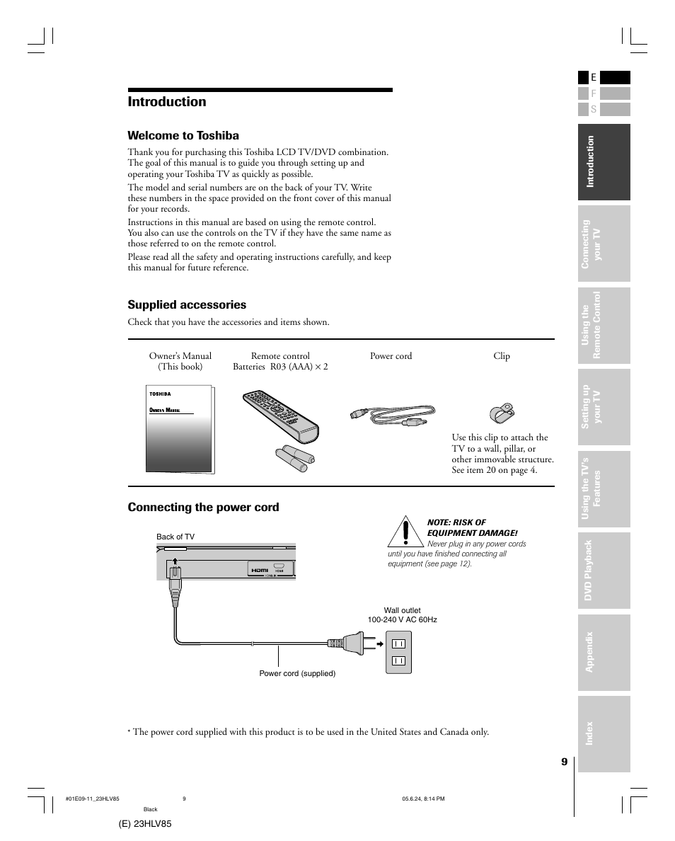 Introduction, Welcome to toshiba, Supplied accessories | Connecting the power cord | Toshiba 23HLV85 User Manual | Page 9 / 52
