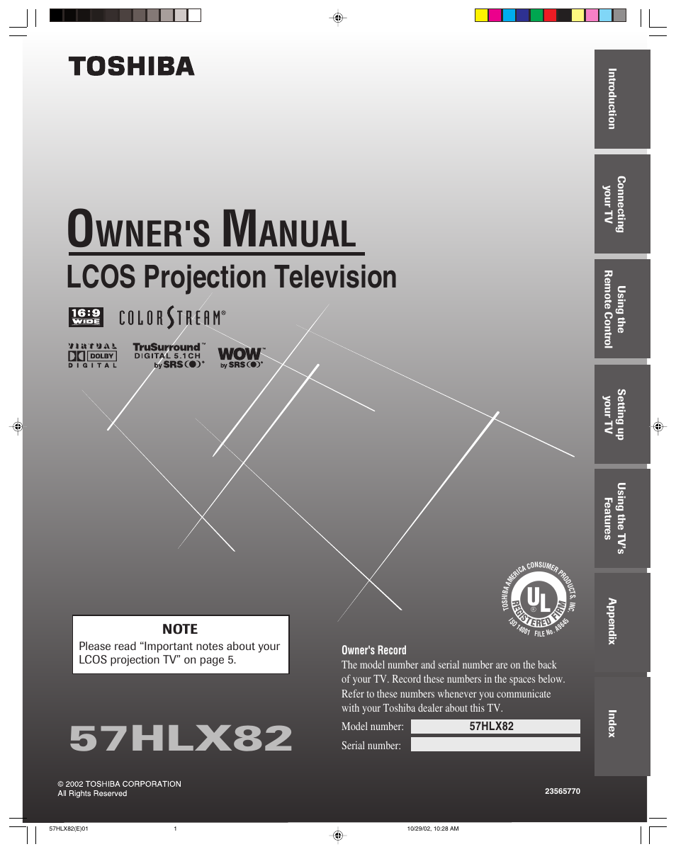 Toshiba 57HLX82 User Manual | 72 pages