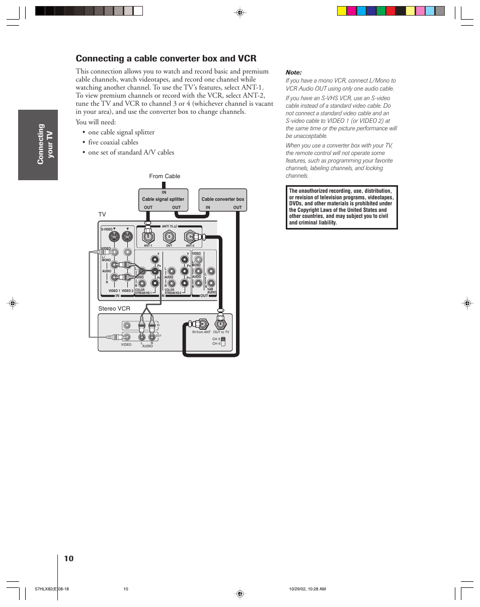 Connecting a cable converter box and vcr | Toshiba 57HLX82 User Manual | Page 10 / 72
