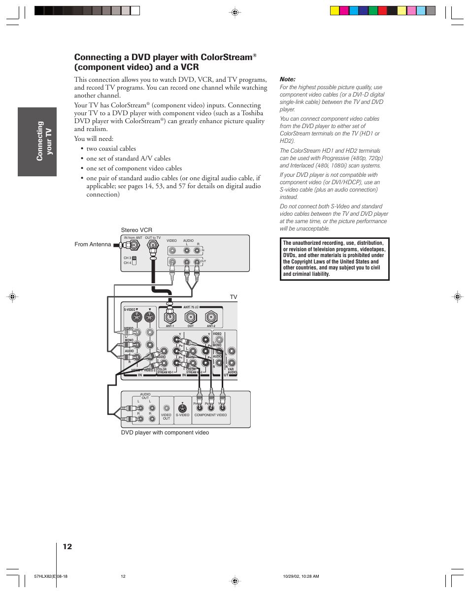 Connecting a dvd player with colorstream, Component video) and a vcr | Toshiba 57HLX82 User Manual | Page 12 / 72