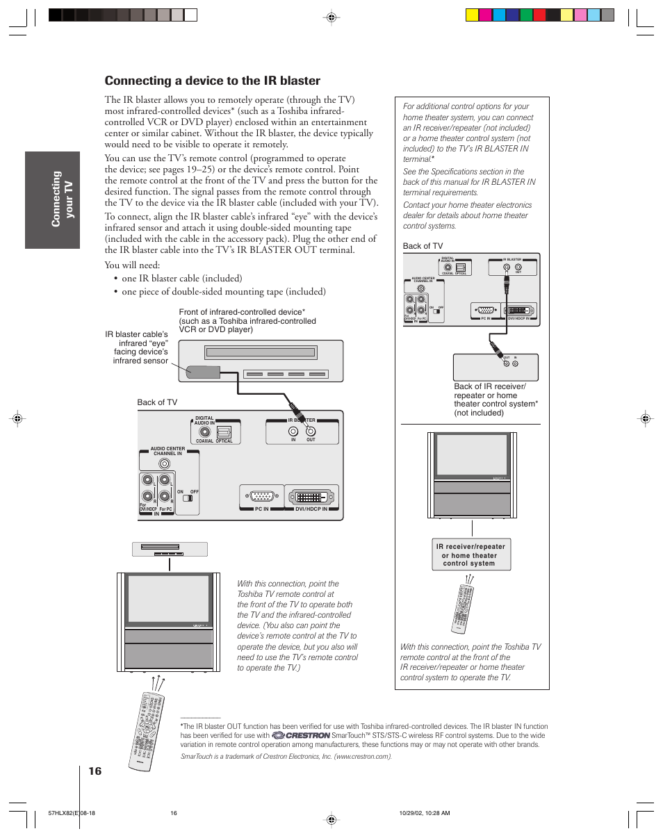 Connecting a device to the ir blaster, Menu volume channel exit tv/video power | Toshiba 57HLX82 User Manual | Page 16 / 72