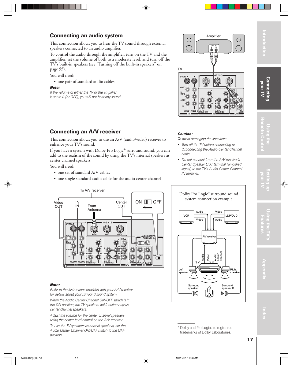 Connecting an audio system, Connecting an a/v receiver, On off | Toshiba 57HLX82 User Manual | Page 17 / 72