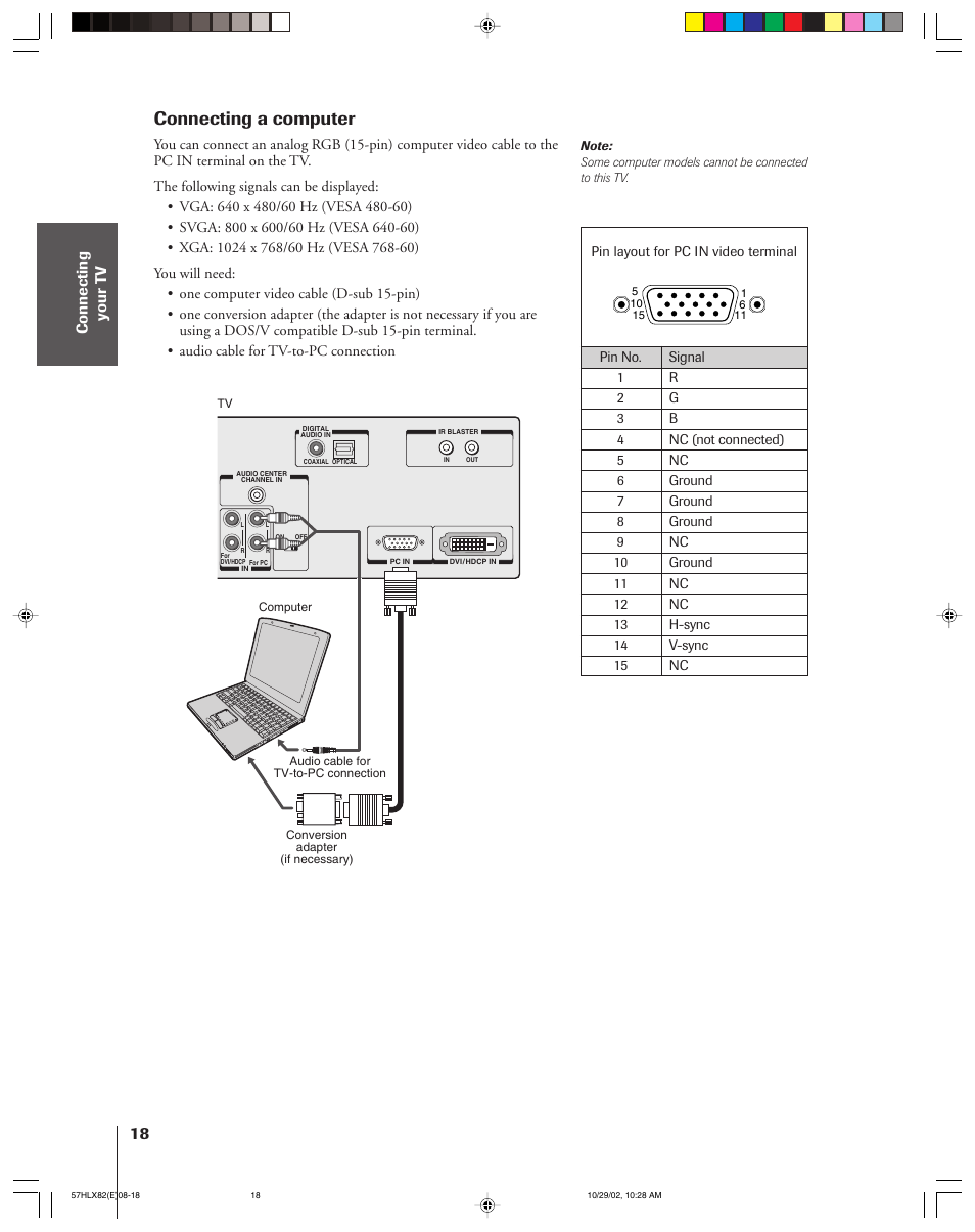 Connecting a computer | Toshiba 57HLX82 User Manual | Page 18 / 72