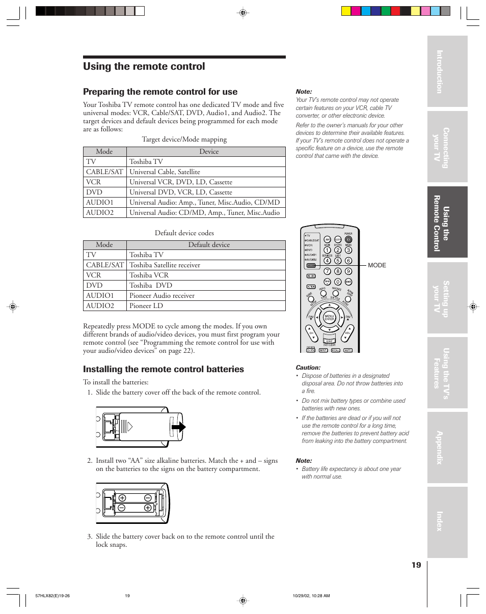 Using the remote control, Preparing the remote control for use, Installing the remote control batteries | Toshiba 57HLX82 User Manual | Page 19 / 72