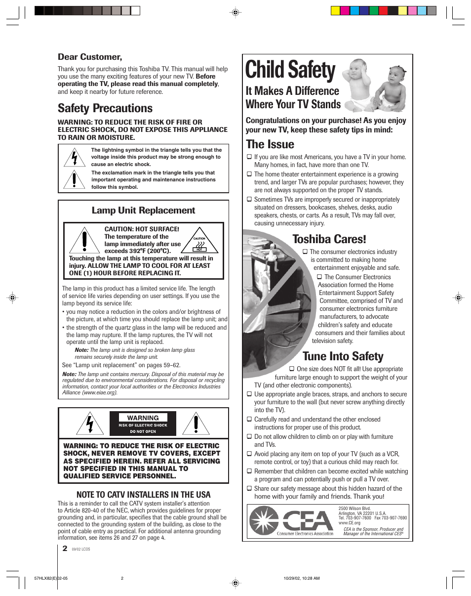 Child safety, It makes a difference where your tv stands, The issue | Toshiba cares, Tune into safety, Safety precautions, Lamp unit replacement, Dear customer | Toshiba 57HLX82 User Manual | Page 2 / 72
