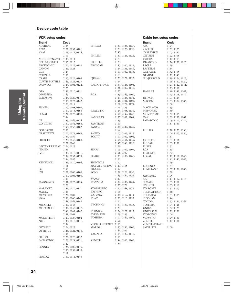 Device code table | Toshiba 57HLX82 User Manual | Page 24 / 72