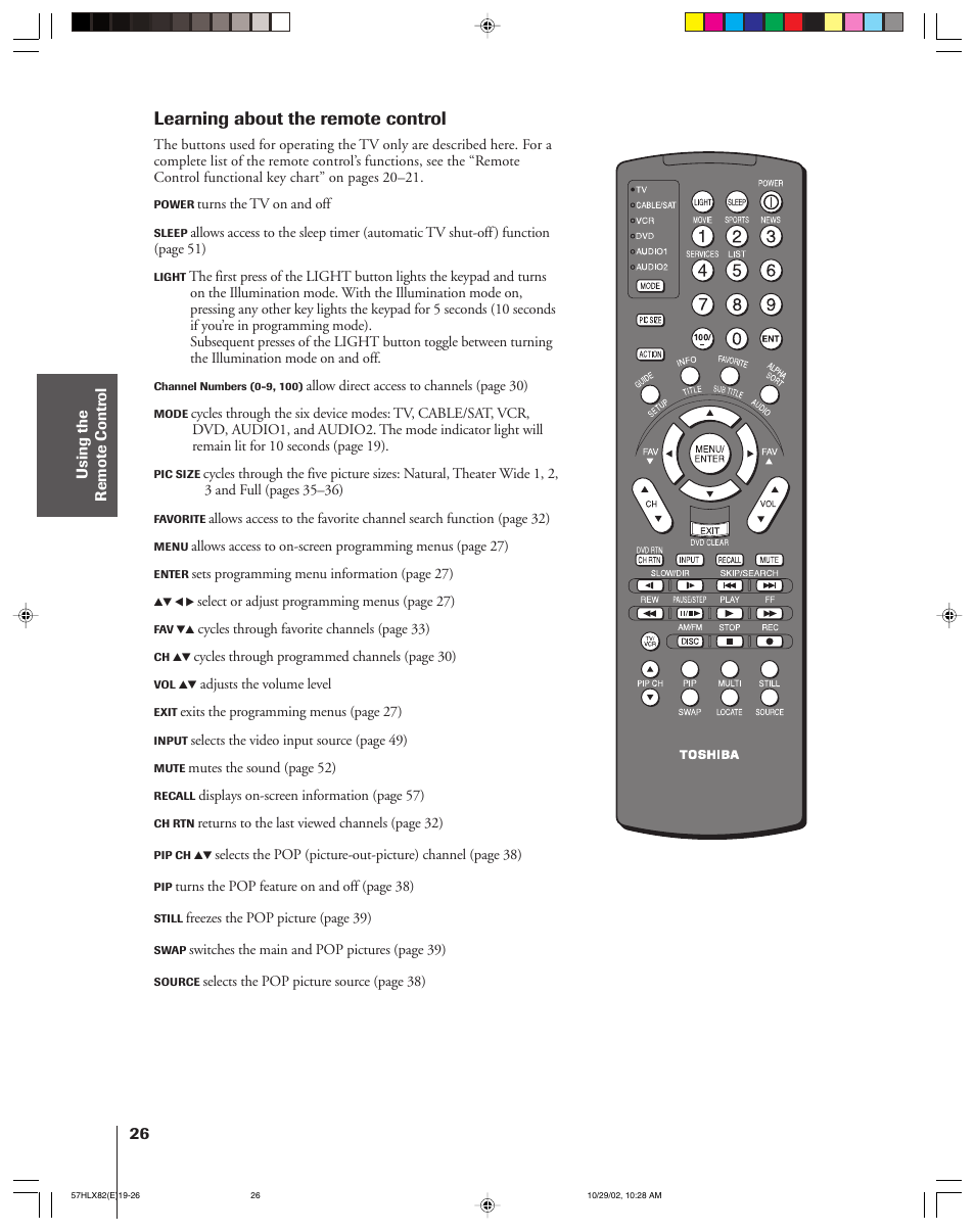 Learning about the remote control | Toshiba 57HLX82 User Manual | Page 26 / 72