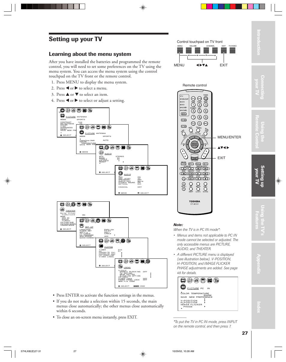 Setting up your tv, Learning about the menu system, Exit yzx • exit menu/enter menu x •zy | Control touchpad on tv front, Remote control | Toshiba 57HLX82 User Manual | Page 27 / 72