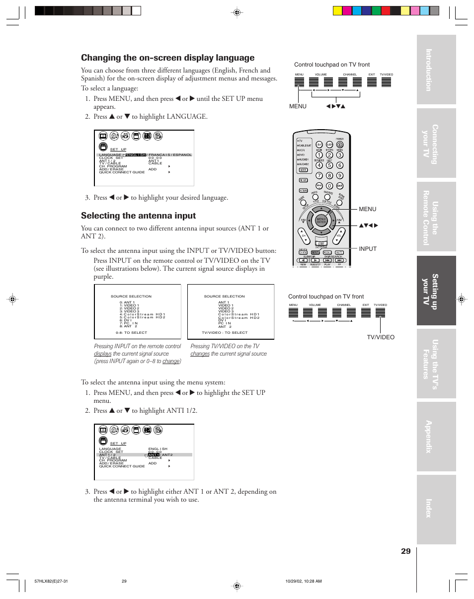 Changing the on-screen display language, Selecting the antenna input, Press x or • to highlight your desired language | Toshiba 57HLX82 User Manual | Page 29 / 72