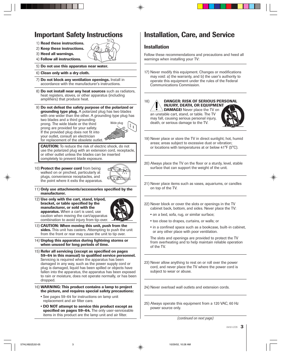 Installation, care, and service, Important safety instructions, Installation | Toshiba 57HLX82 User Manual | Page 3 / 72