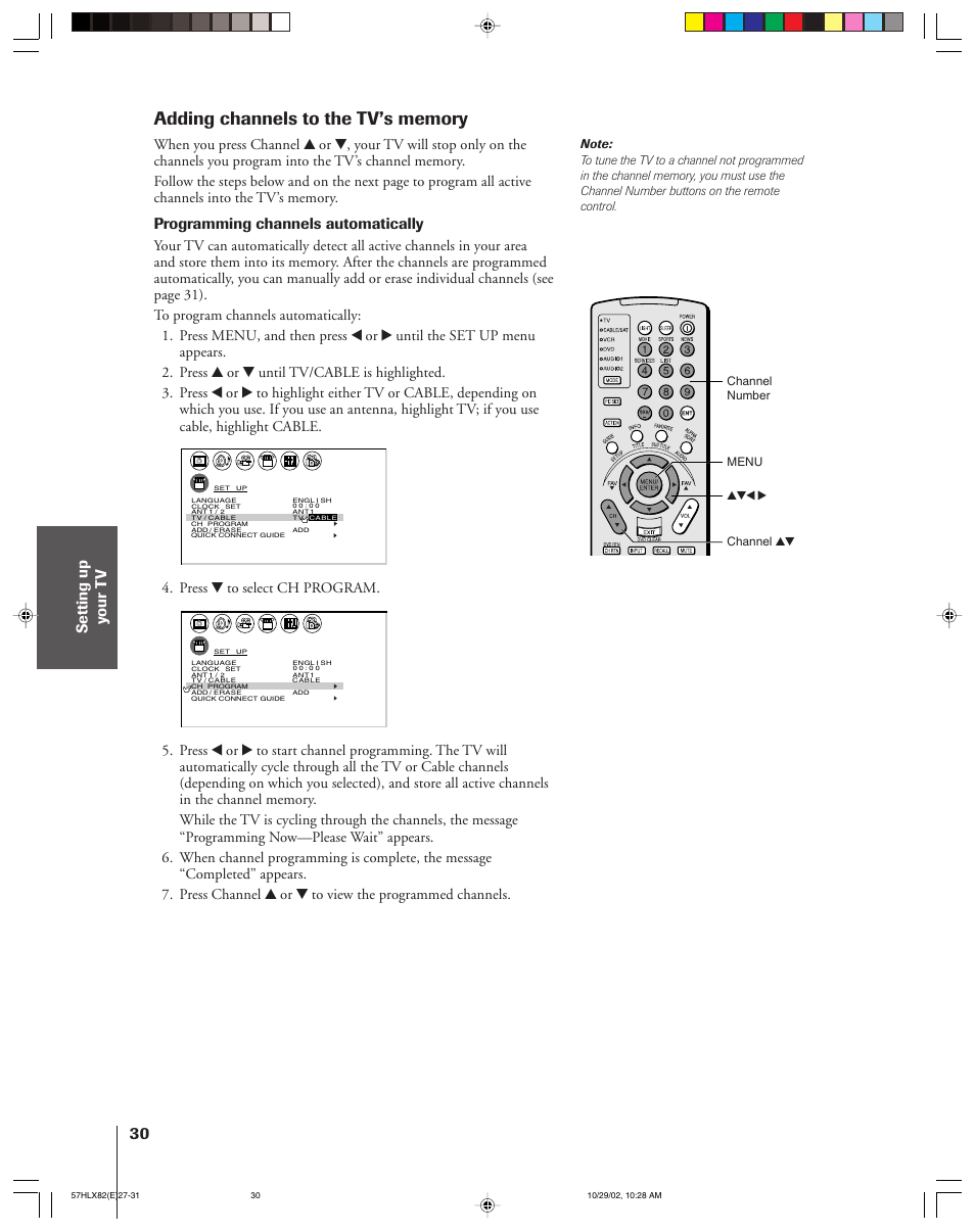 Programming channels automatically | Toshiba 57HLX82 User Manual | Page 30 / 72