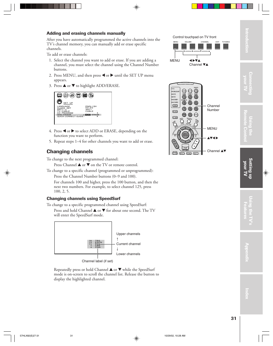 Changing channels, Changing channels using speedsurf | Toshiba 57HLX82 User Manual | Page 31 / 72
