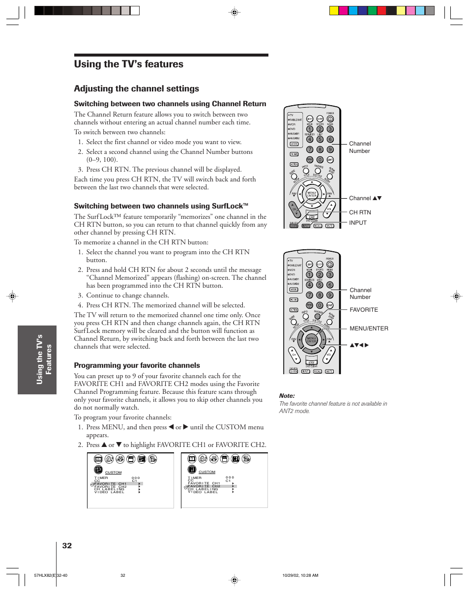 Using the tv’s features, Adjusting the channel settings, Switching between two channels using surflock | Programming your favorite channels | Toshiba 57HLX82 User Manual | Page 32 / 72