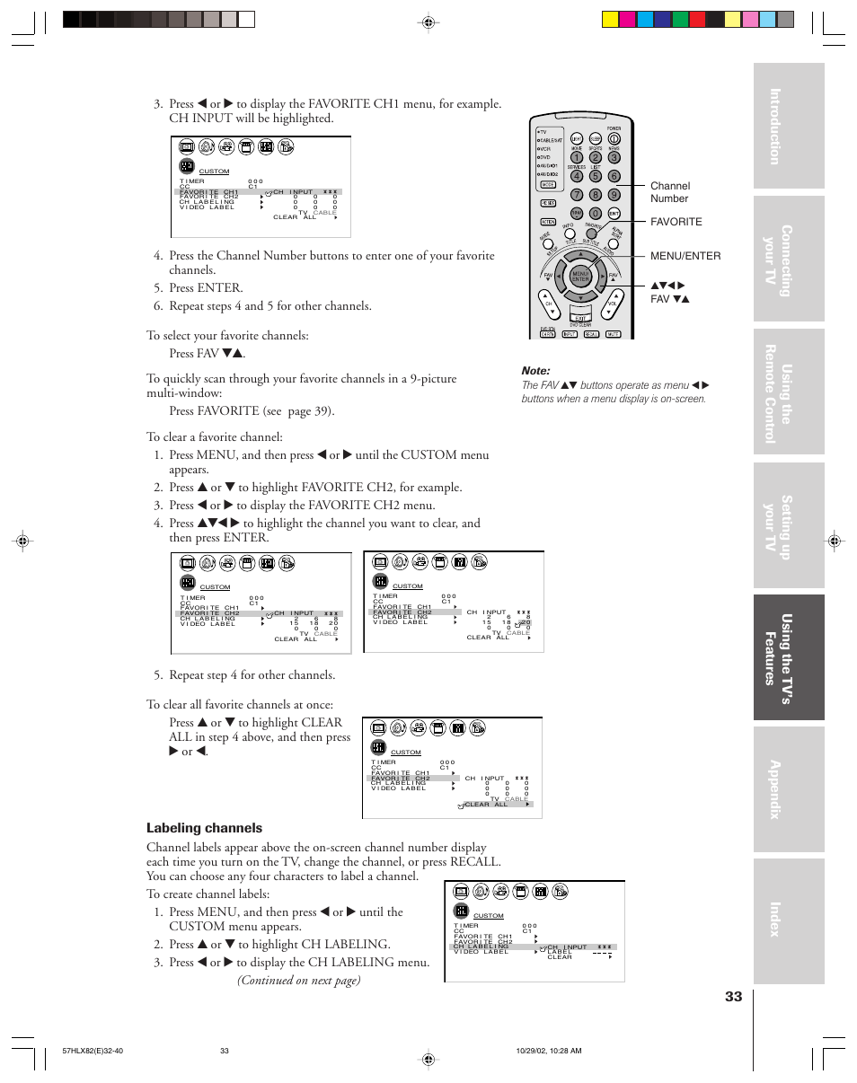 Labeling channels, Continued on next page), Buttons operate as menu | Buttons when a menu display is on-screen | Toshiba 57HLX82 User Manual | Page 33 / 72