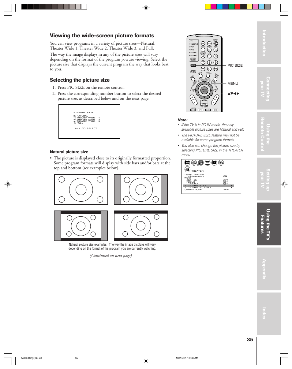 Viewing the wide-screen picture formats, Selecting the picture size, Continued on next page) | Natural picture size | Toshiba 57HLX82 User Manual | Page 35 / 72