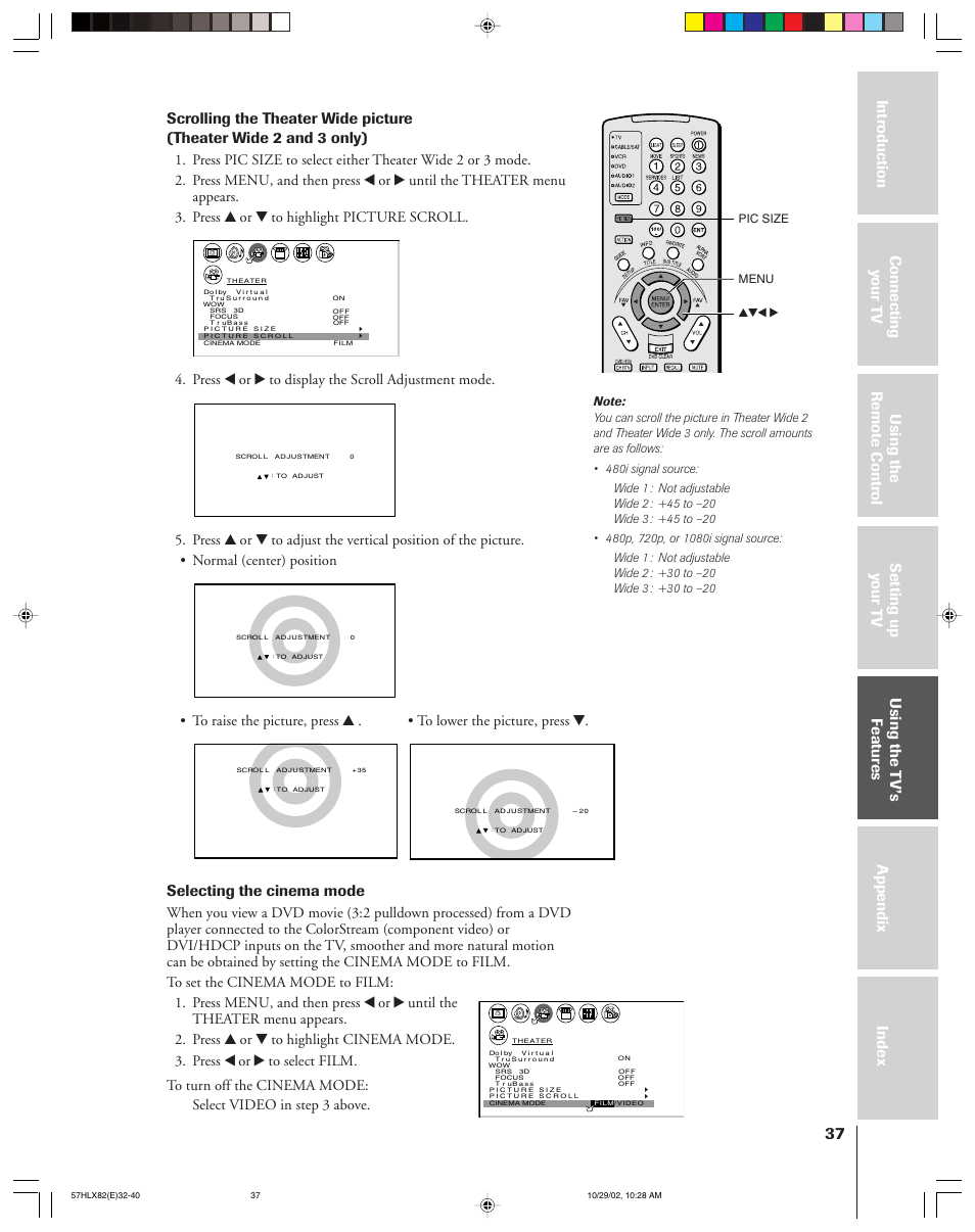 Selecting the cinema mode, Press x or • to display the scroll adjustment mode | Toshiba 57HLX82 User Manual | Page 37 / 72