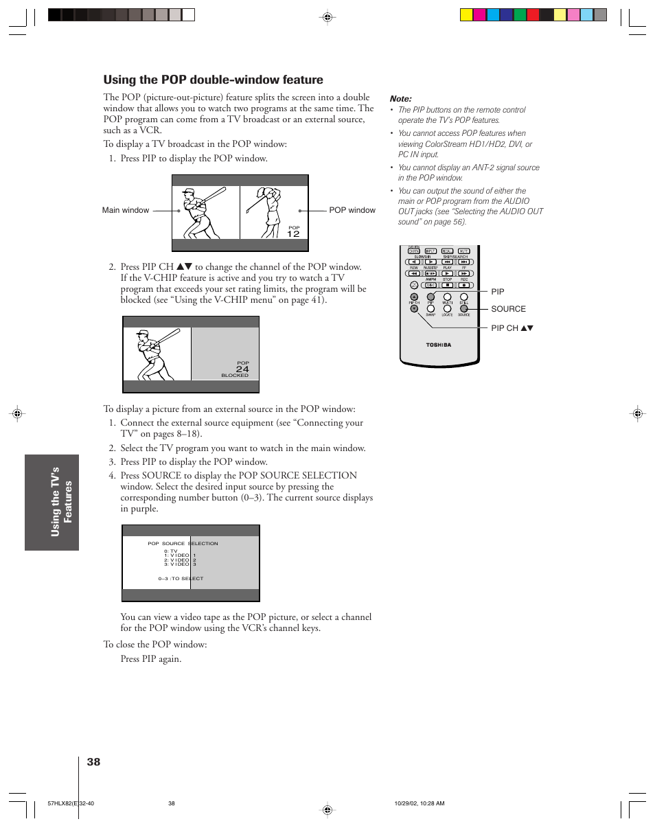 Using the pop double-window feature | Toshiba 57HLX82 User Manual | Page 38 / 72