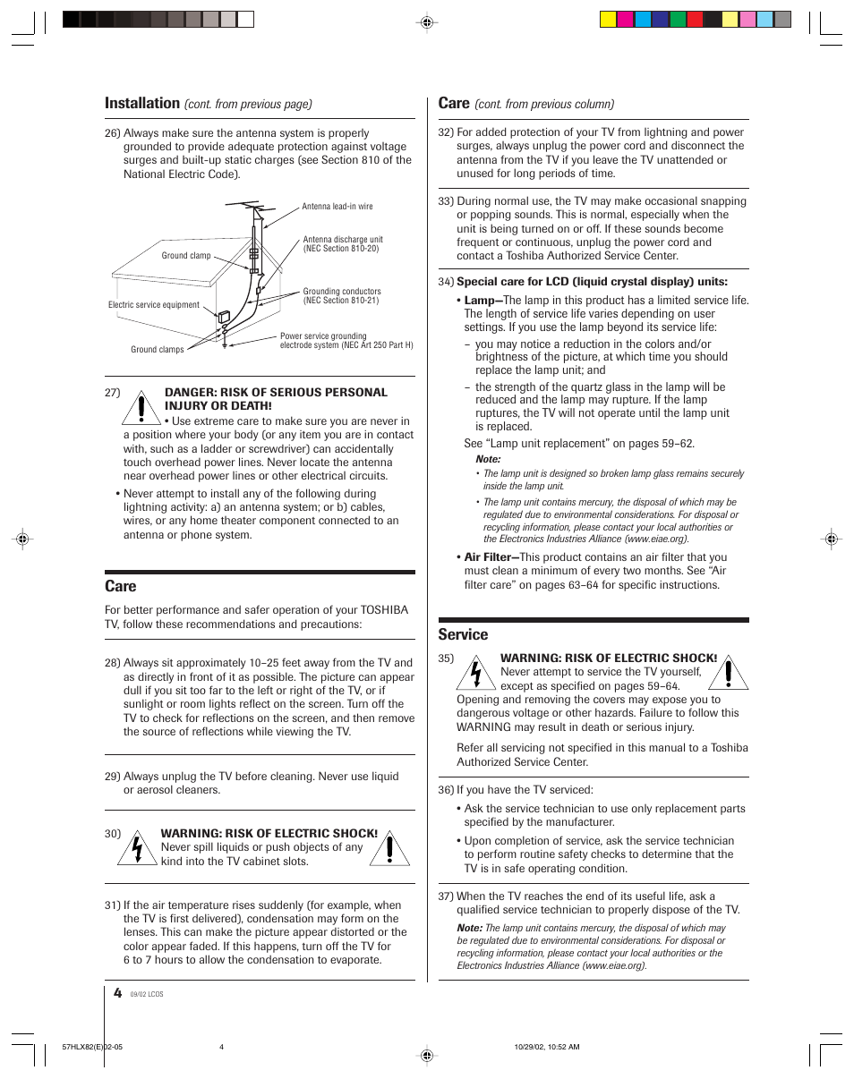 Service, Care, Installation | Toshiba 57HLX82 User Manual | Page 4 / 72