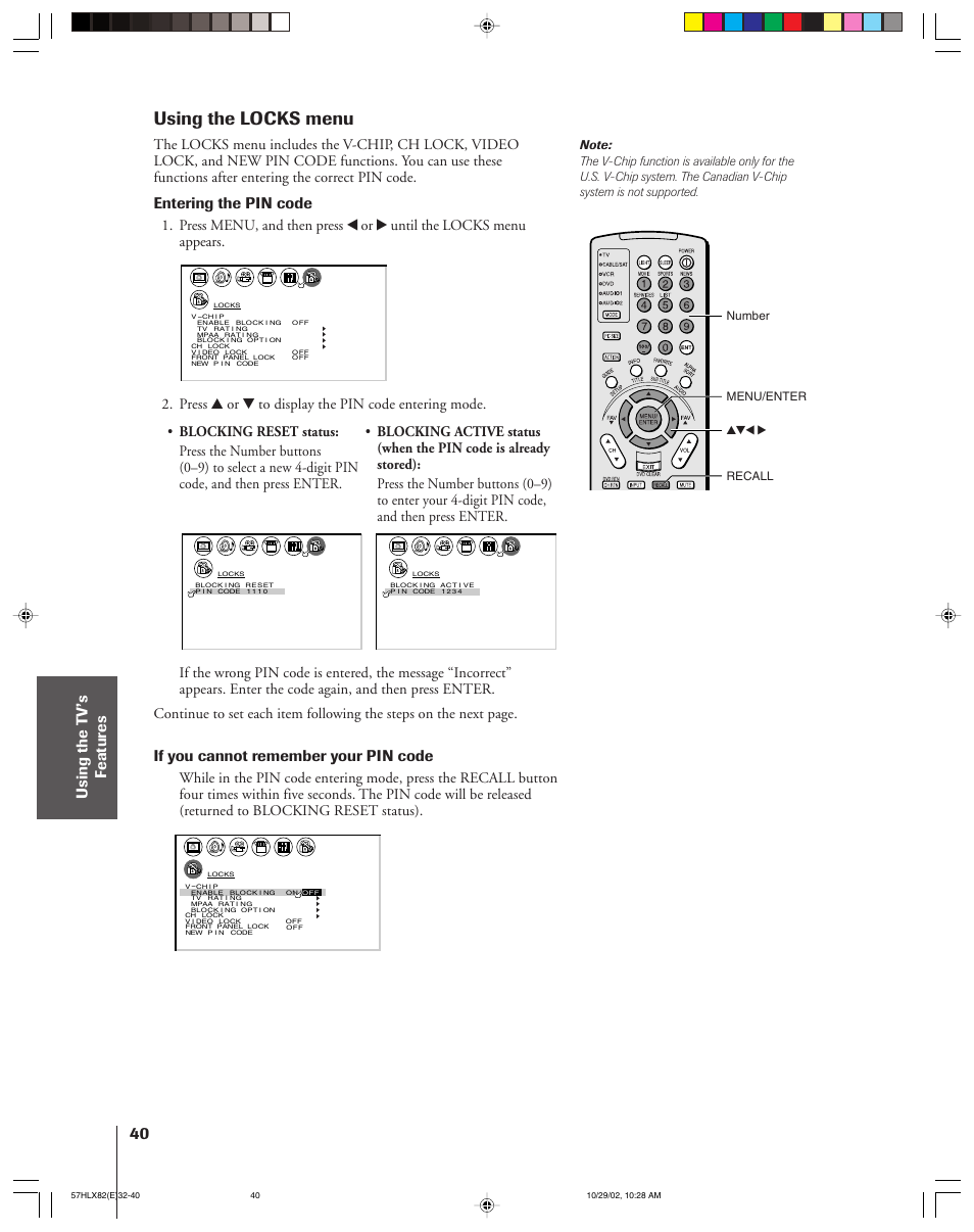 Using the locks menu, Entering the pin code, If you cannot remember your pin code | Toshiba 57HLX82 User Manual | Page 40 / 72