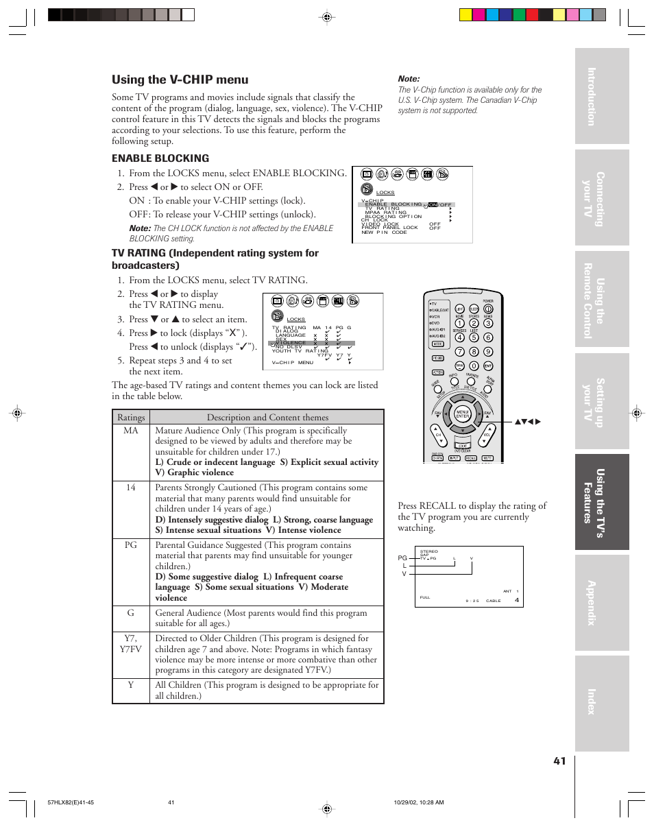 Using the v-chip menu, Enable blocking | Toshiba 57HLX82 User Manual | Page 41 / 72