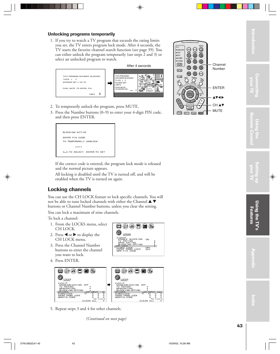 Locking channels, Repeat steps 3 and 4 for other channels, Continued on next page) | Toshiba 57HLX82 User Manual | Page 43 / 72