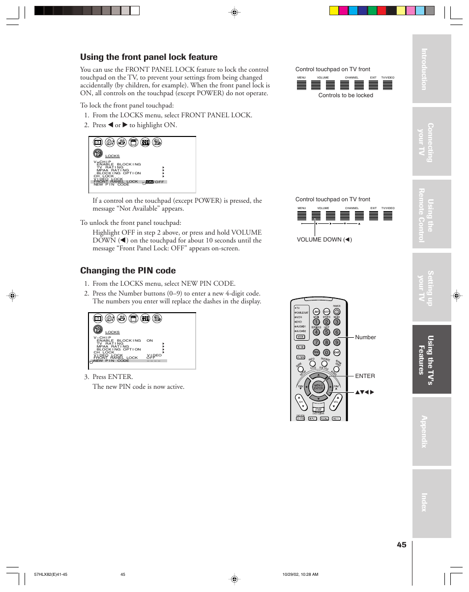 Using the front panel lock feature, Changing the pin code, Press enter. the new pin code is now active | Toshiba 57HLX82 User Manual | Page 45 / 72