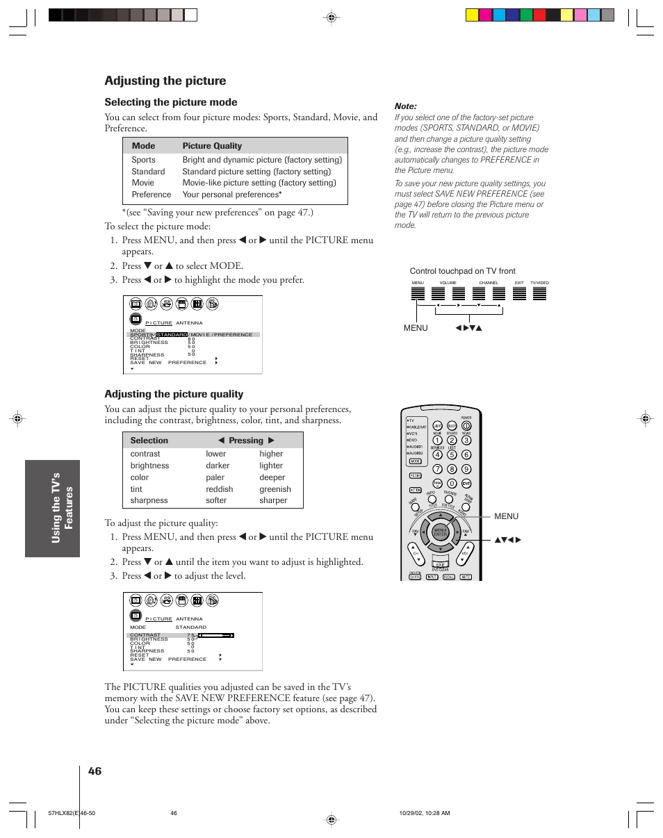 Adjusting the picture, Selecting the picture mode, Adjusting the picture quality | Toshiba 57HLX82 User Manual | Page 46 / 72