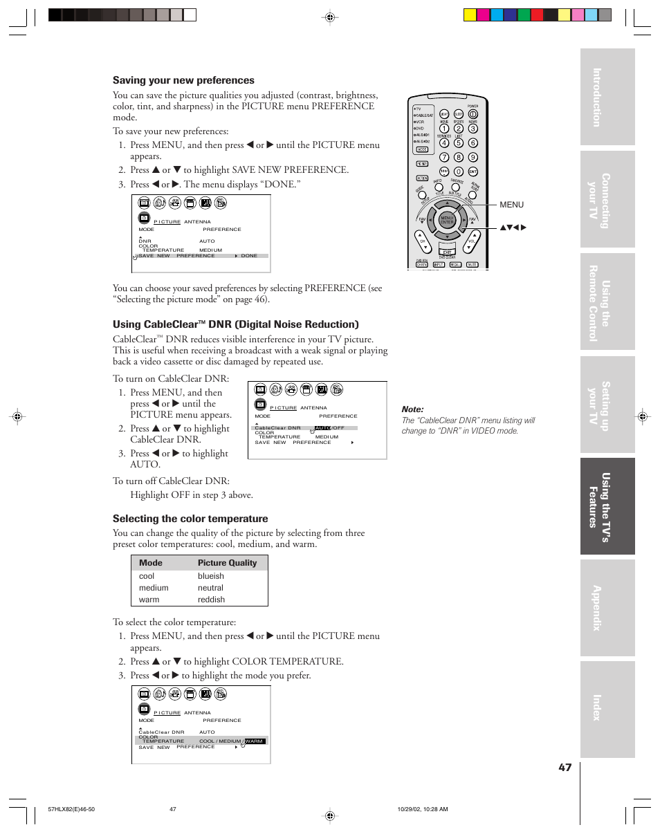Using cableclear™ dnr (digital noise reduction), Selecting the color temperature | Toshiba 57HLX82 User Manual | Page 47 / 72