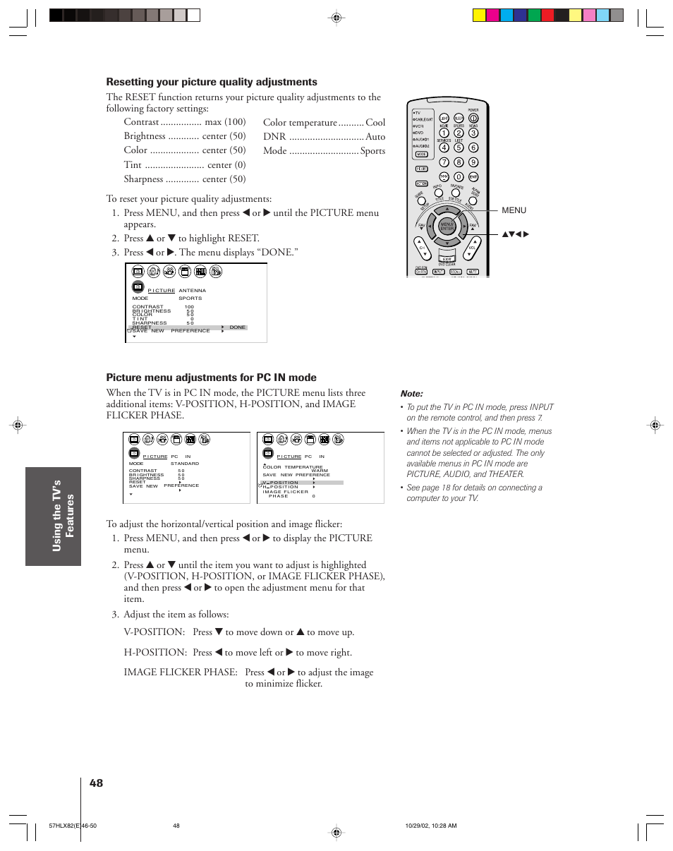 Resetting your picture quality adjustments, Picture menu adjustments for pc in mode | Toshiba 57HLX82 User Manual | Page 48 / 72
