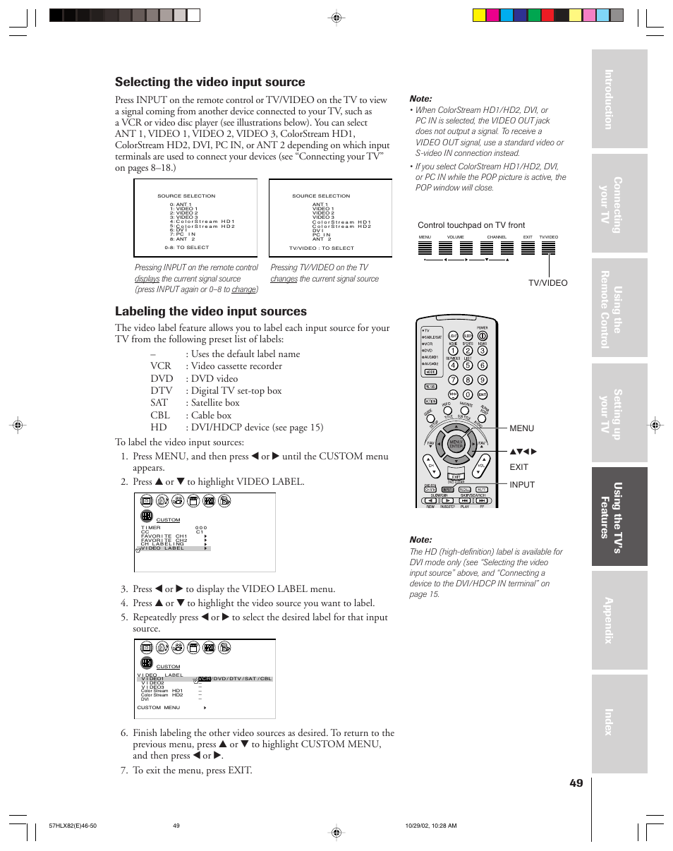 Selecting the video input source, Labeling the video input sources | Toshiba 57HLX82 User Manual | Page 49 / 72
