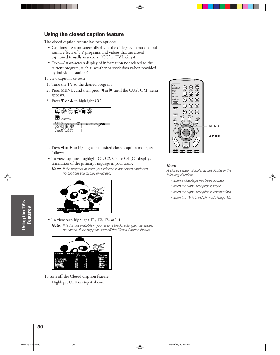 Using the closed caption feature | Toshiba 57HLX82 User Manual | Page 50 / 72