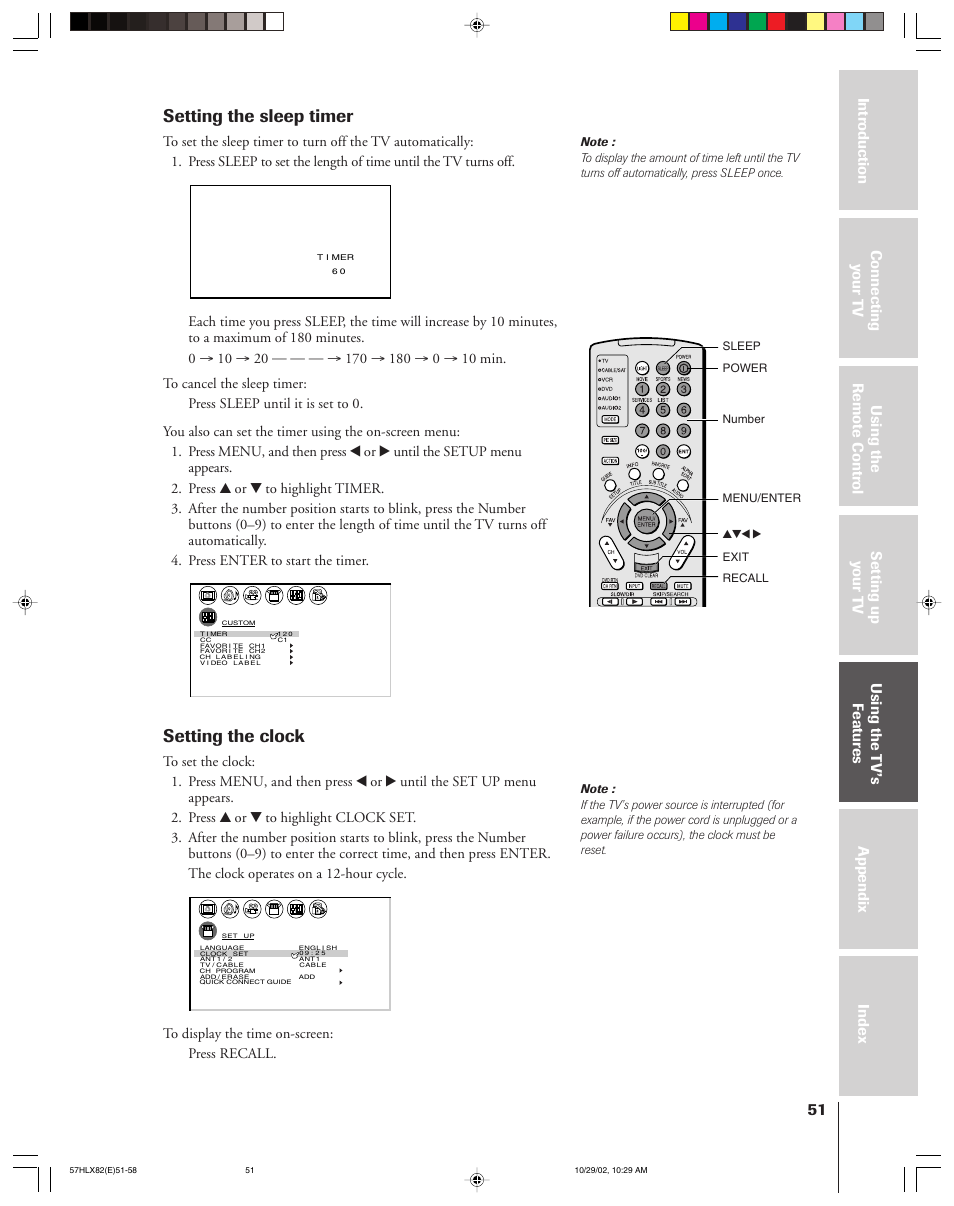 Setting the sleep timer, Setting the clock | Toshiba 57HLX82 User Manual | Page 51 / 72
