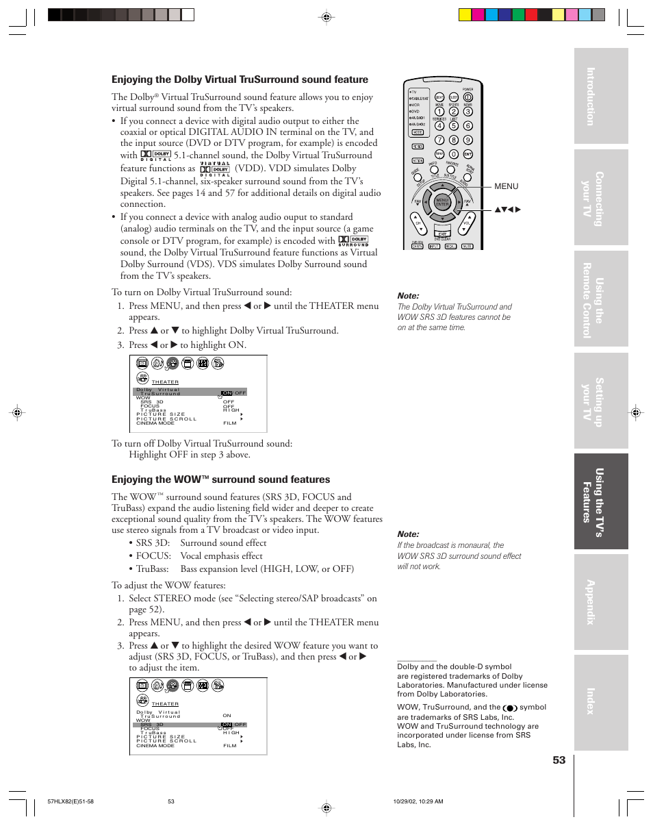 Enjoying the wow™ surround sound features | Toshiba 57HLX82 User Manual | Page 53 / 72