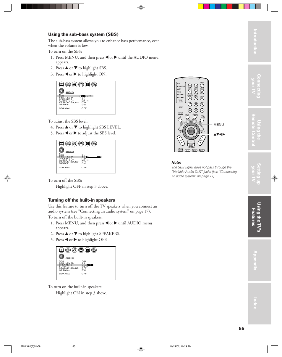Turning off the built-in speakers | Toshiba 57HLX82 User Manual | Page 55 / 72