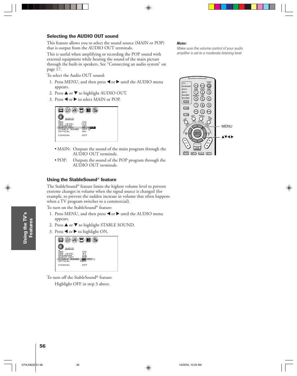 Selecting the audio out sound, Using the stablesound, Feature | The stablesound, Feature: highlight off in step 3 above | Toshiba 57HLX82 User Manual | Page 56 / 72