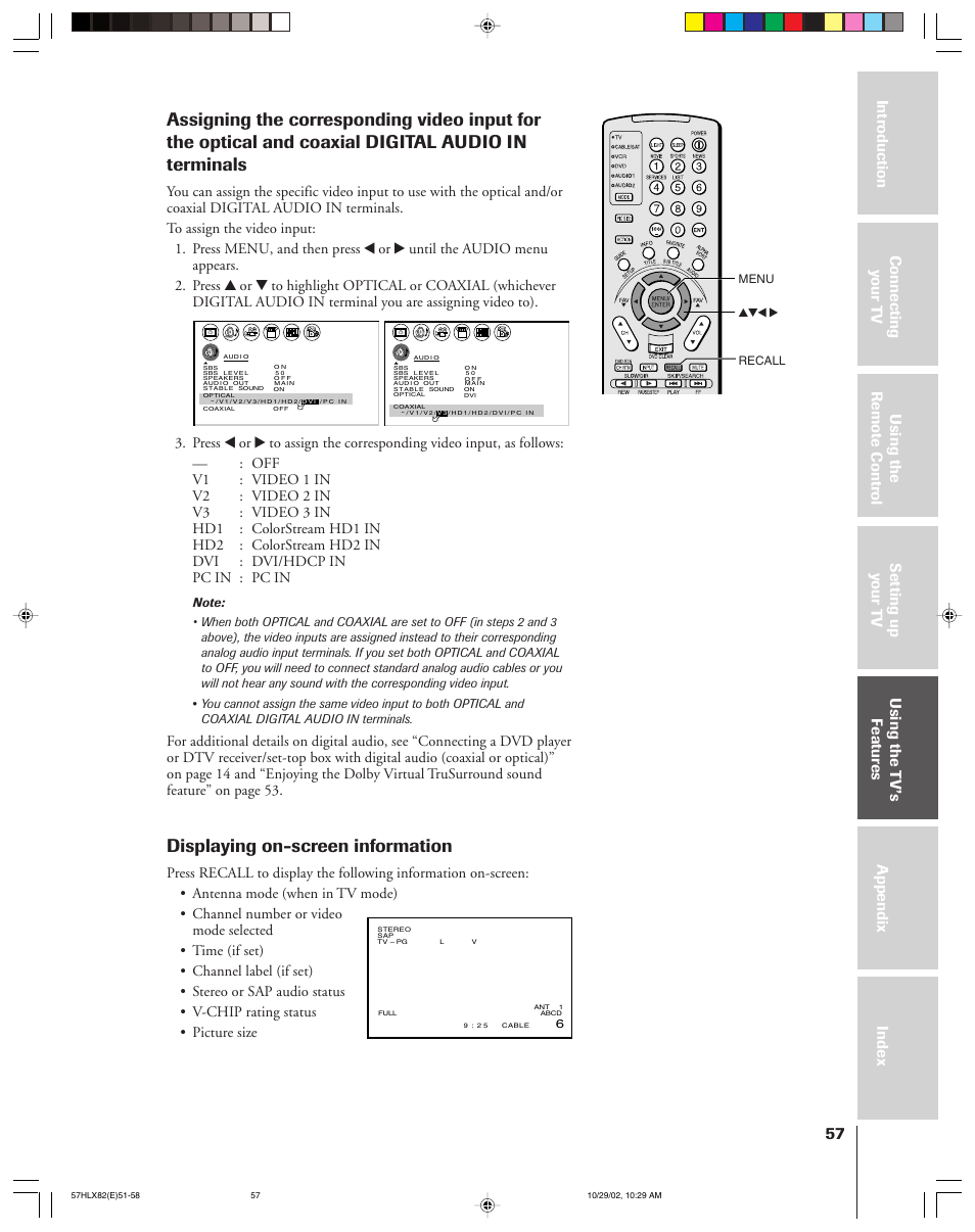 Displaying on-screen information | Toshiba 57HLX82 User Manual | Page 57 / 72