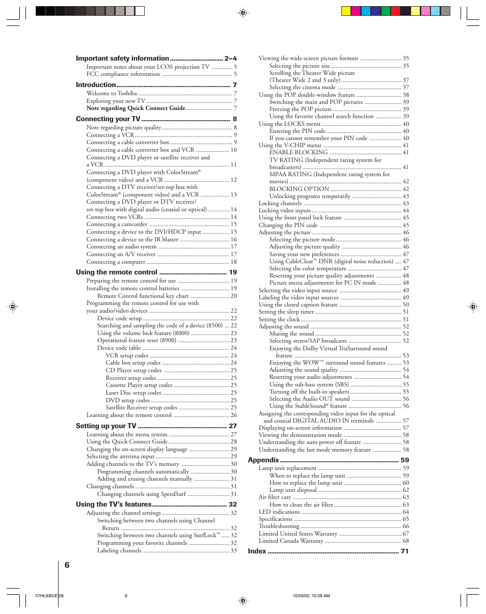 Toshiba 57HLX82 User Manual | Page 6 / 72