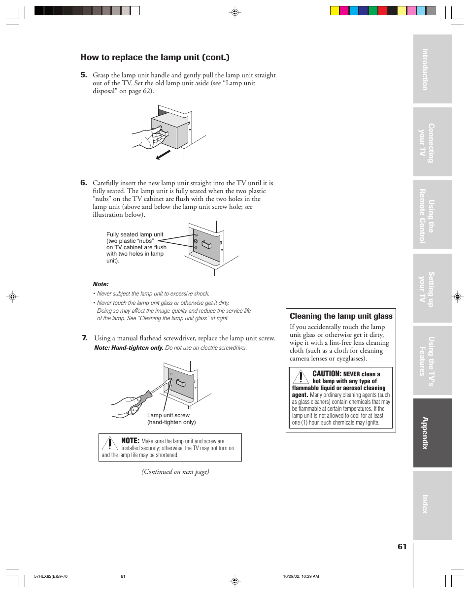 How to replace the lamp unit (cont.) | Toshiba 57HLX82 User Manual | Page 61 / 72