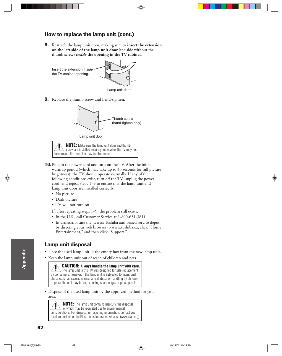 Lamp unit disposal, How to replace the lamp unit (cont.) | Toshiba 57HLX82 User Manual | Page 62 / 72