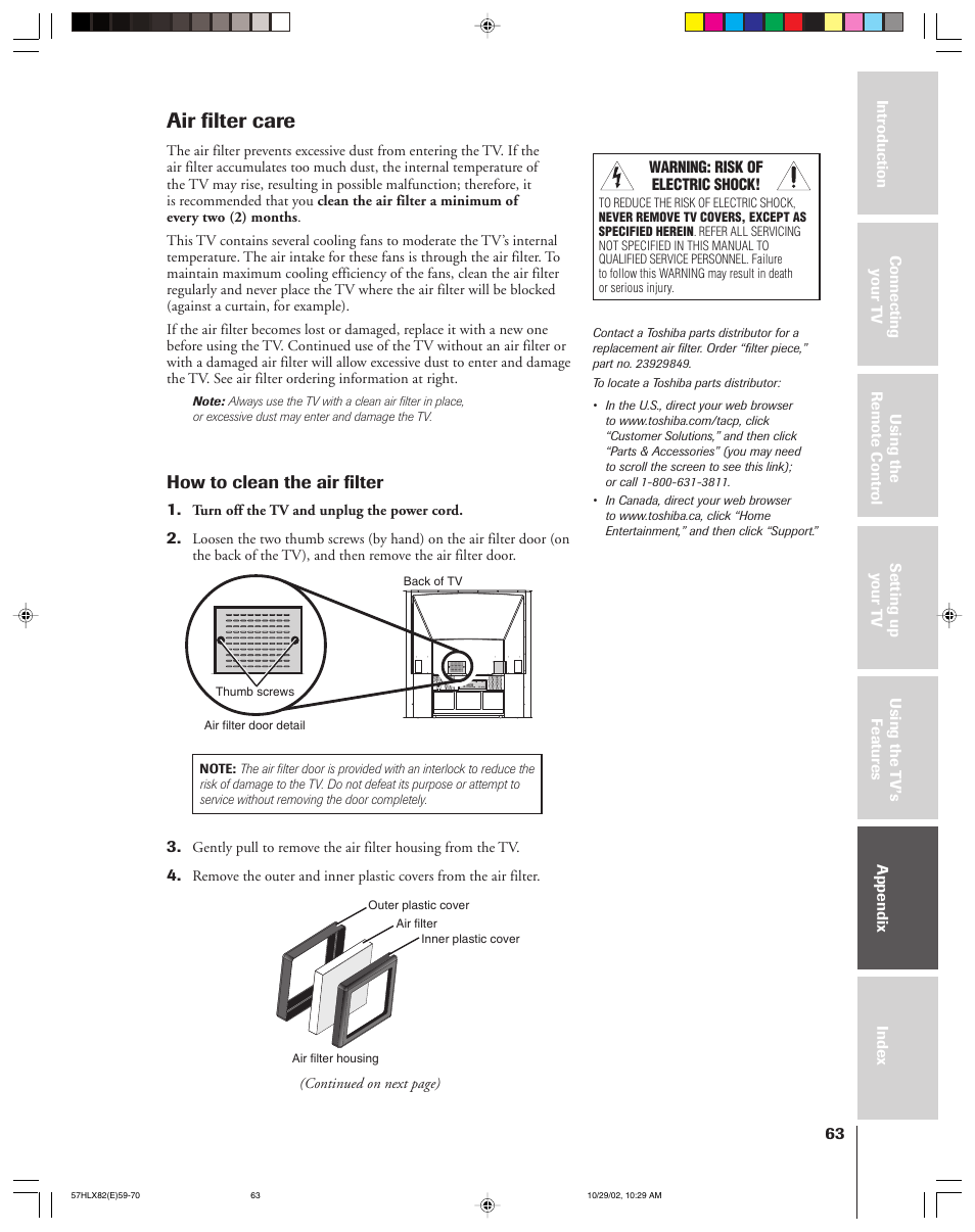 Air filter care, How to clean the air filter | Toshiba 57HLX82 User Manual | Page 63 / 72