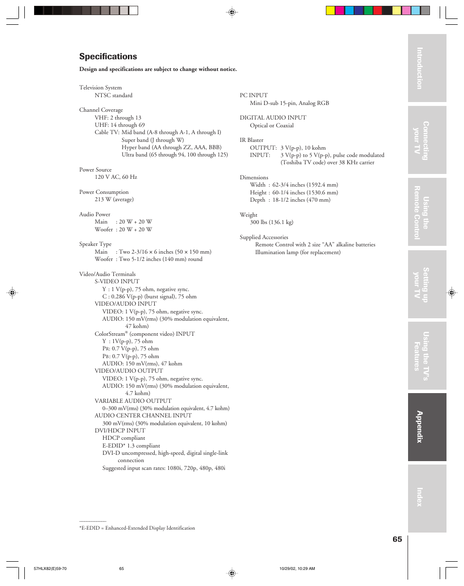 Specifications | Toshiba 57HLX82 User Manual | Page 65 / 72