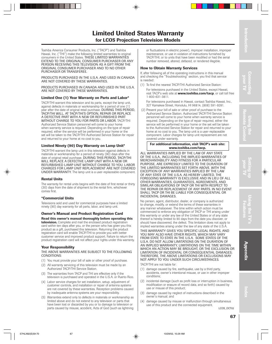 Limited united states warranty, For lcos projection television models | Toshiba 57HLX82 User Manual | Page 67 / 72