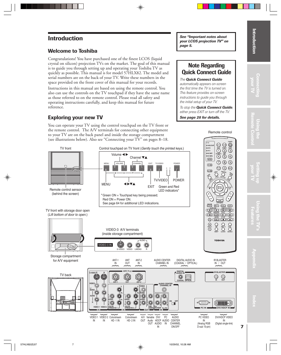 Introduction, Welcome to toshiba, Exploring your new tv | Toshiba 57HLX82 User Manual | Page 7 / 72