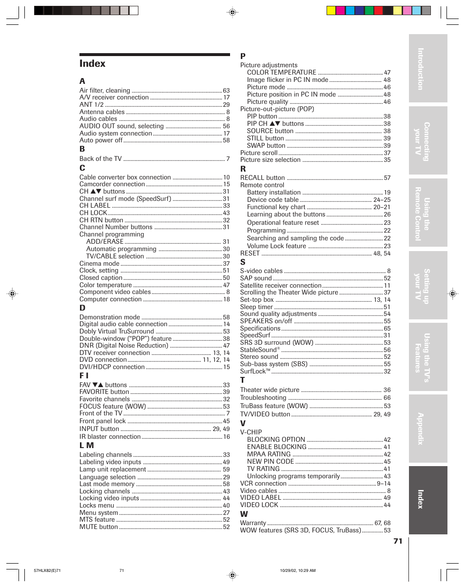 Index | Toshiba 57HLX82 User Manual | Page 71 / 72